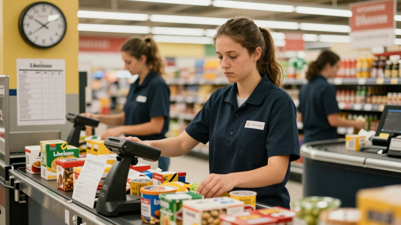 Funcionária a passar produtos no caixa de supermercado com vários produtos sobre a bancada.