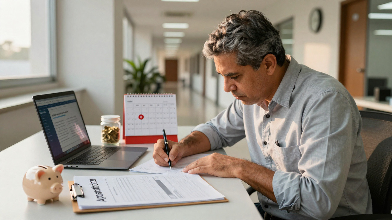 Homem a preencher formulário de assinatura num escritório com computador, mealheiro e calendário à frente.