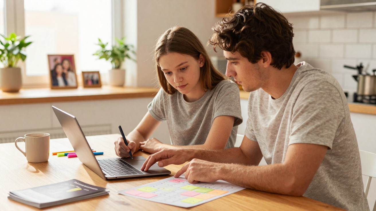Jovem ensina adolescente usando computador portátil e calendário com notas numa mesa de cozinha.