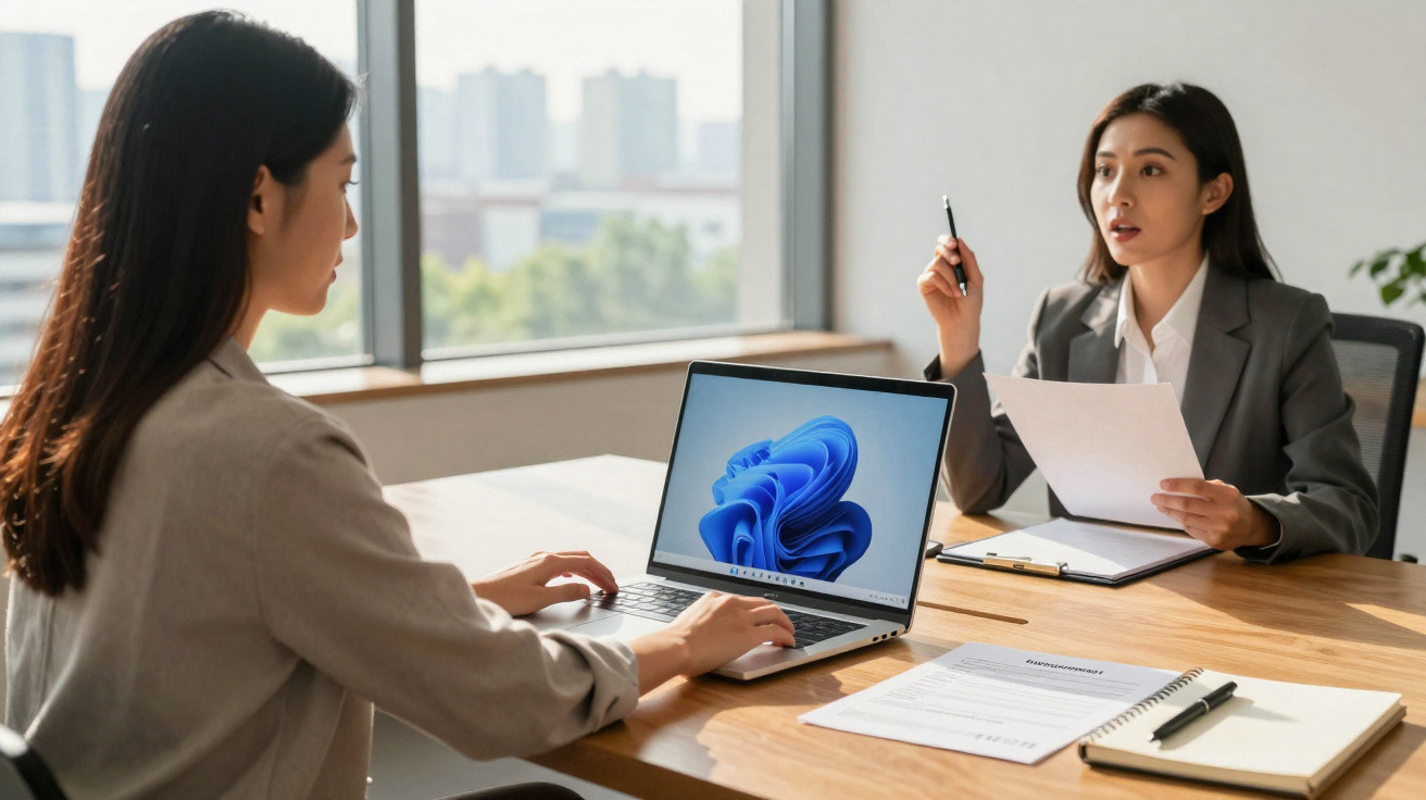 Duas mulheres em reunião de trabalho, uma usa computador portátil e a outra faz anotações com documentos na mesa.