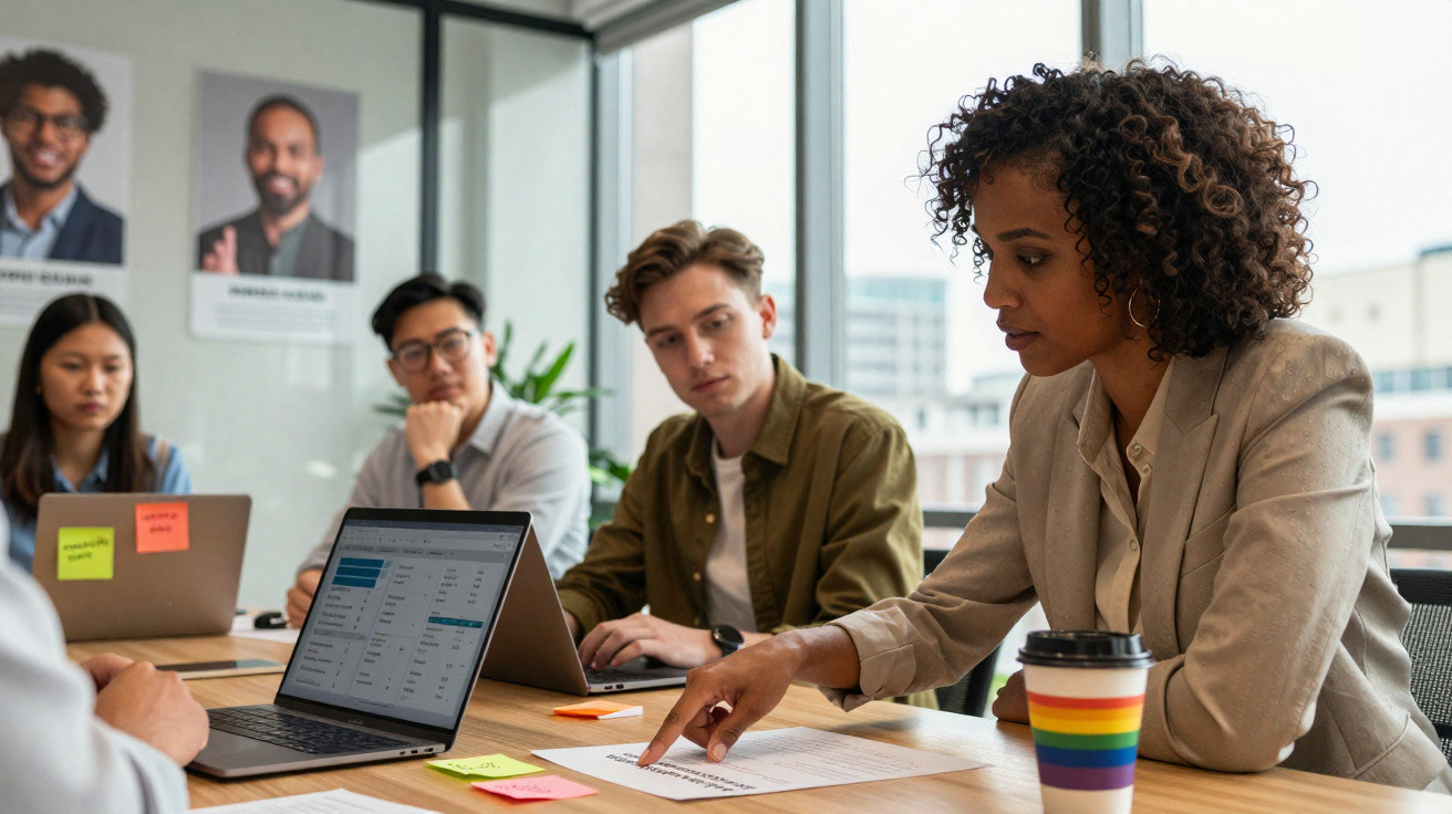 Grupo diversificado de jovens em reunião de trabalho numa sala moderna com laptops e documentos.