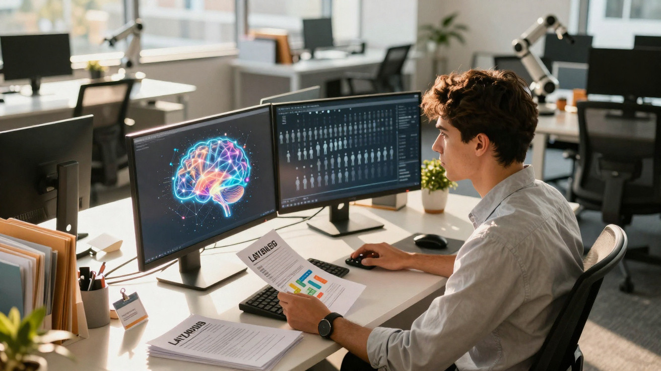 Homem jovem analisa gráficos e imagens cerebrais em computador num escritório moderno e iluminado.