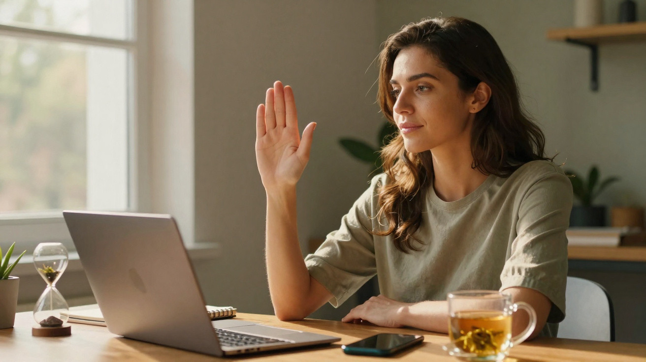 Mulher sentada à mesa com laptop, levantando a mão durante videochamada, com chá e telefone perto.