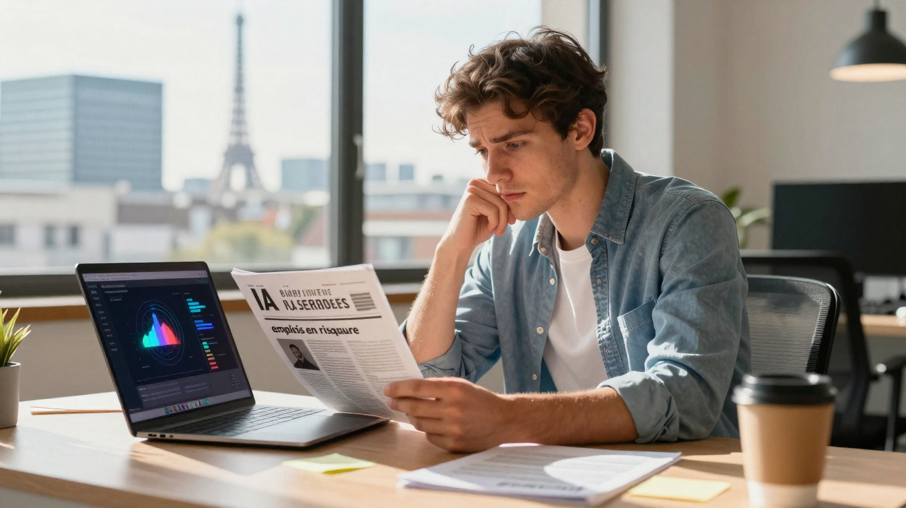 Homem jovem lê jornal sentado à secretária com portátil aberto e vista desfocada da Torre Eiffel ao fundo.