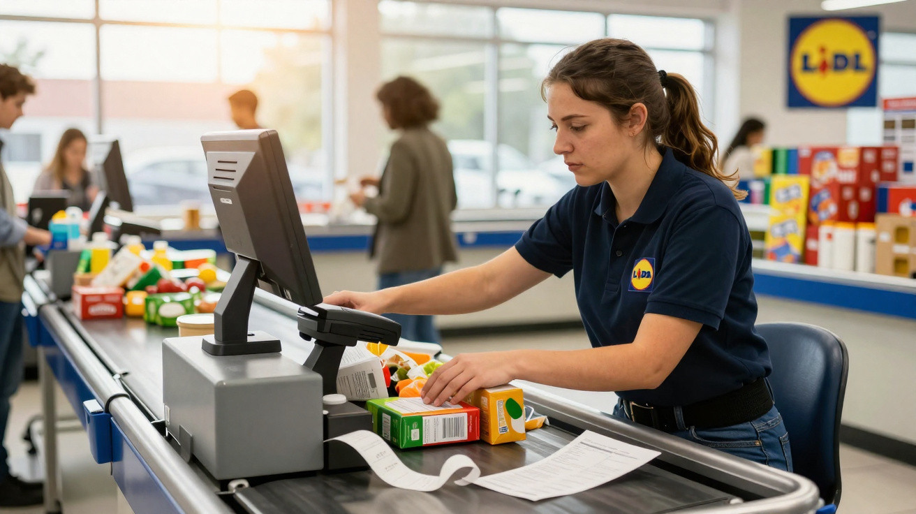 Funcionária a passar artigos no caixa de supermercado Lidl com clientes e produtos ao fundo.