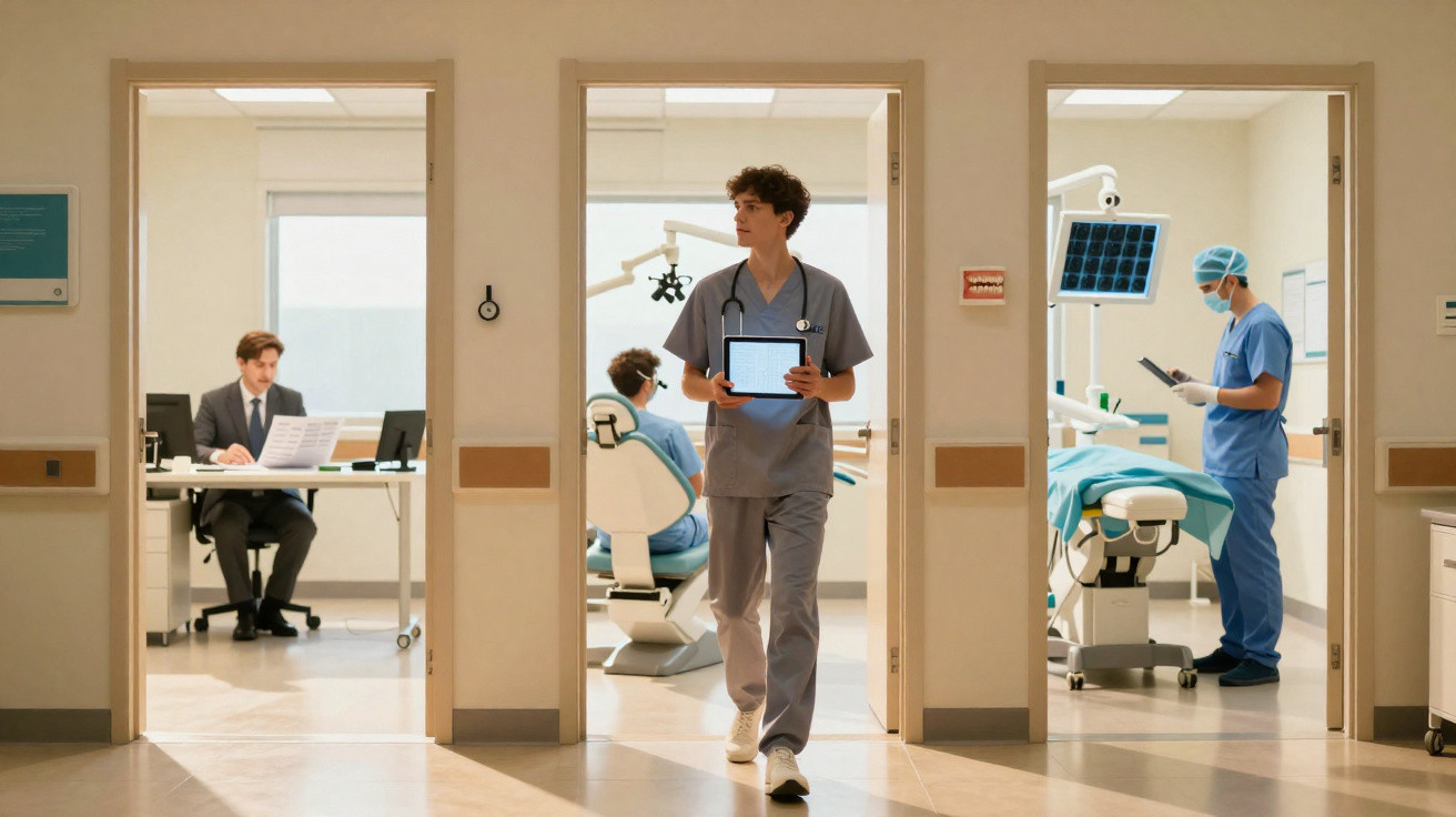 Corredor de clínica com profissionais de saúde e paciente em consultórios médicos visíveis.