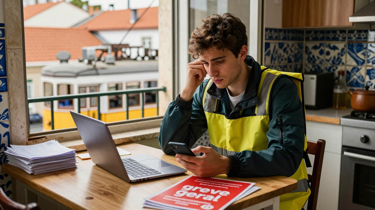 Jovem de colete refletor sentado à mesa a olhar para telemóvel com computador portátil e folhetos sobre greve geral.