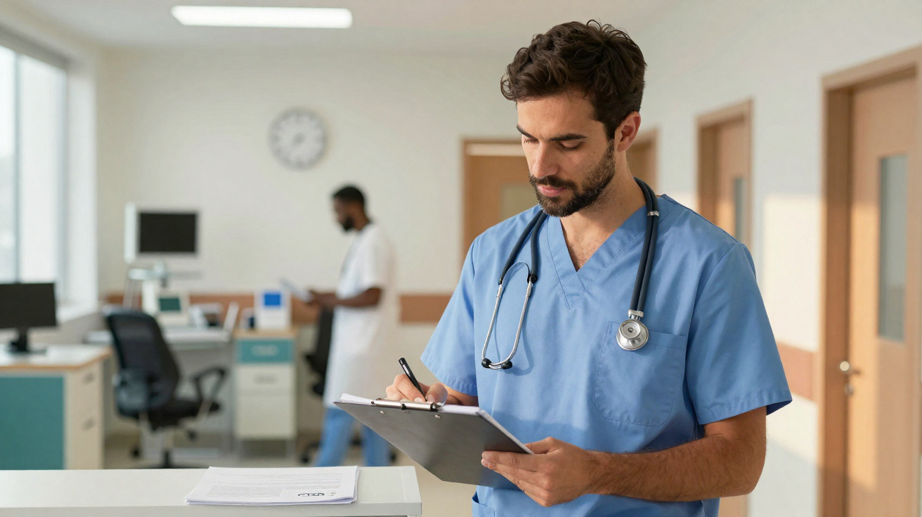 Médico a preencher relatório numa unidade hospitalar, com outro profissional ao fundo.