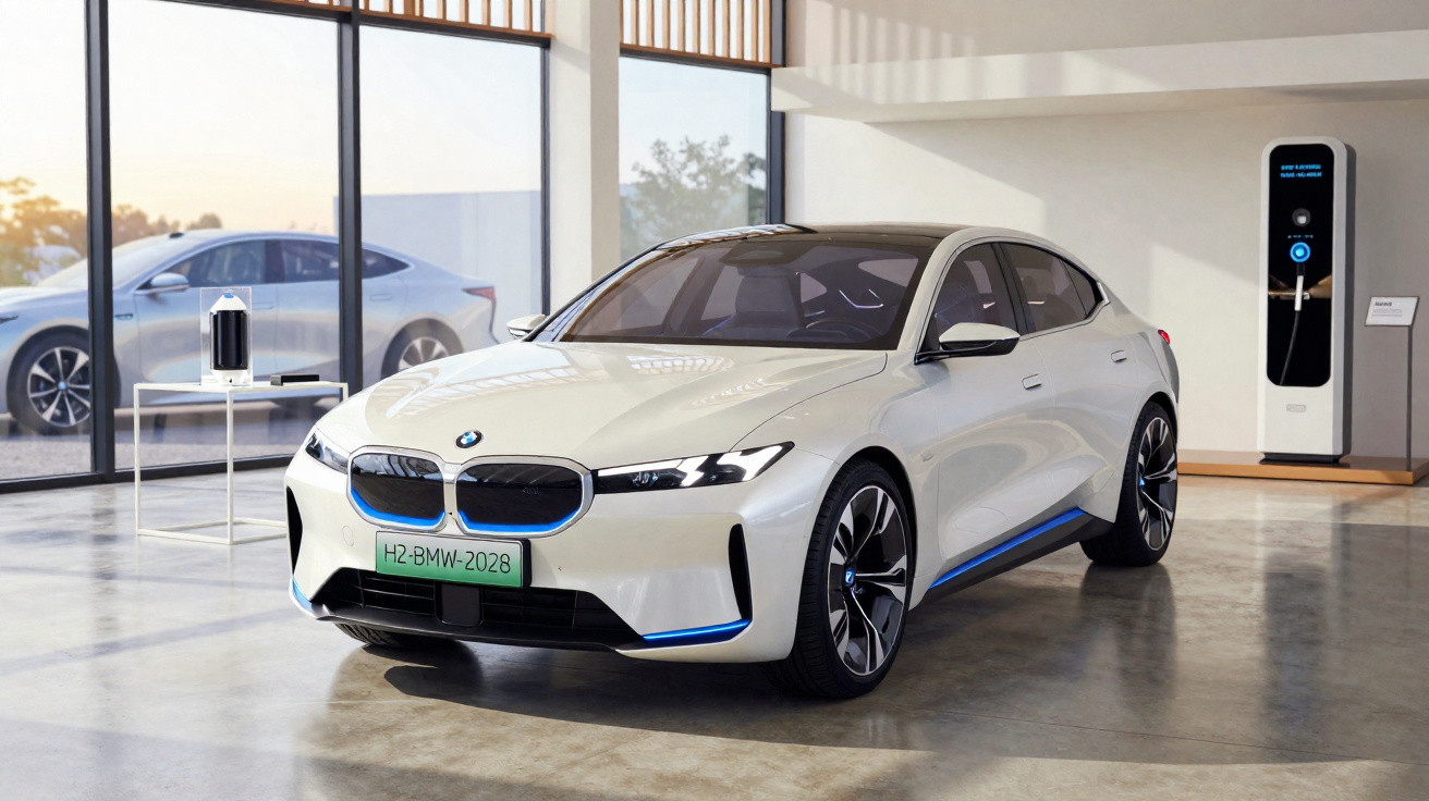 Carro elétrico BMW branco estacionado numa sala moderna com estação de carregamento ao fundo.