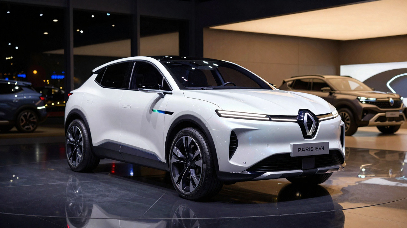 Automóvel SUV elétrico branco Renault Paris EV4 exposto em ambiente interior moderno.