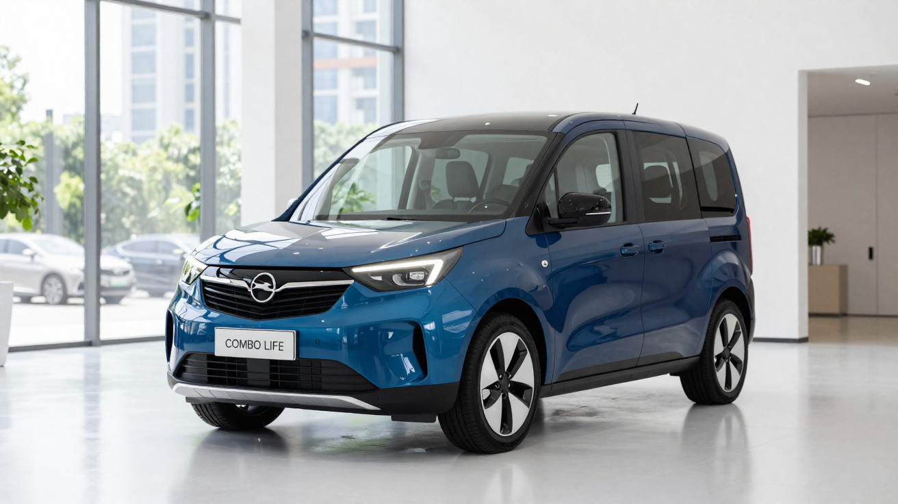 Veículo Opel Combo Life azul em exposição numa sala ampla com grandes janelas de vidro.