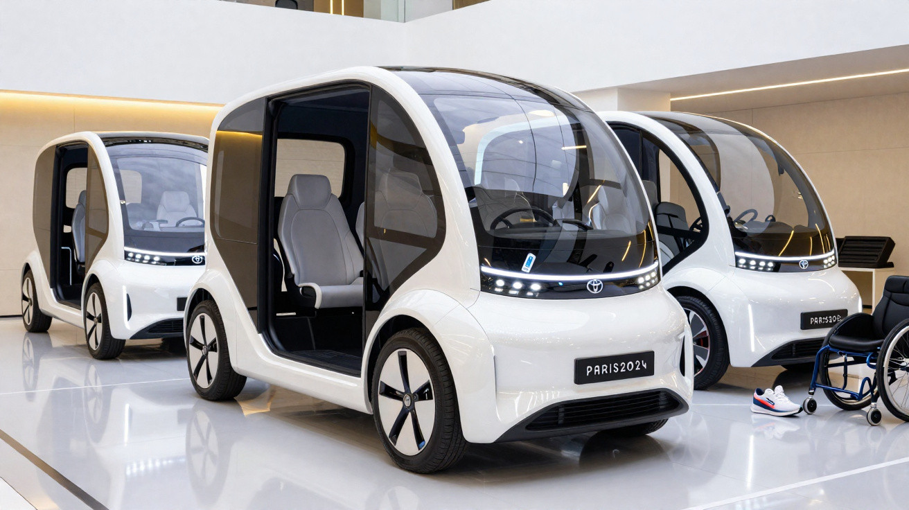 Três carros elétricos brancos compactos e futuristas em exposição com portas abertas e interior visível.