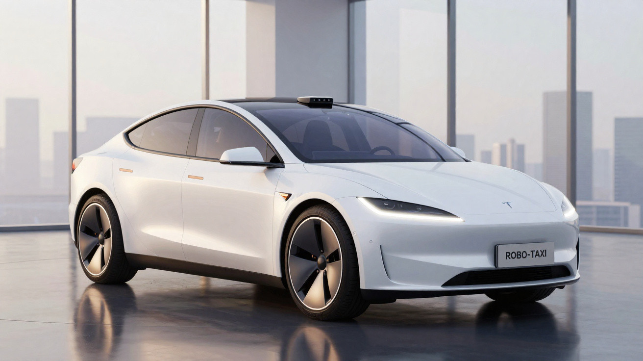 Carro elétrico autónomo branco estacionado, com placa "ROBO-TAXI" em ambiente urbano moderno.
