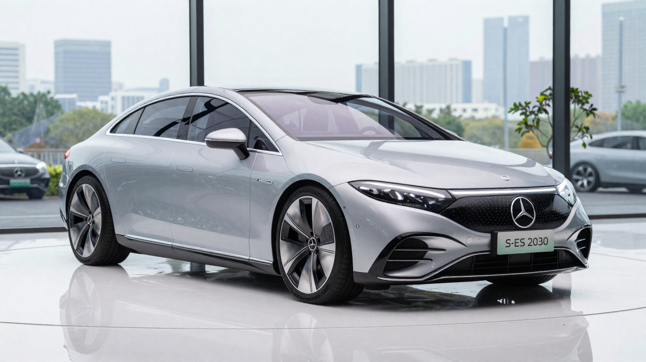 Carro elétrico Mercedes-Benz prata estacionado em interior com grandes janelas e edifícios ao fundo.