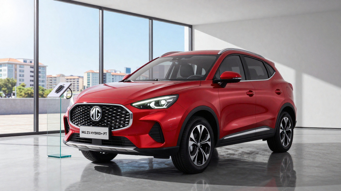 Carro SUV vermelho MG ZS Hybrid PT estacionado numa sala moderna com grandes janelas e luz natural.