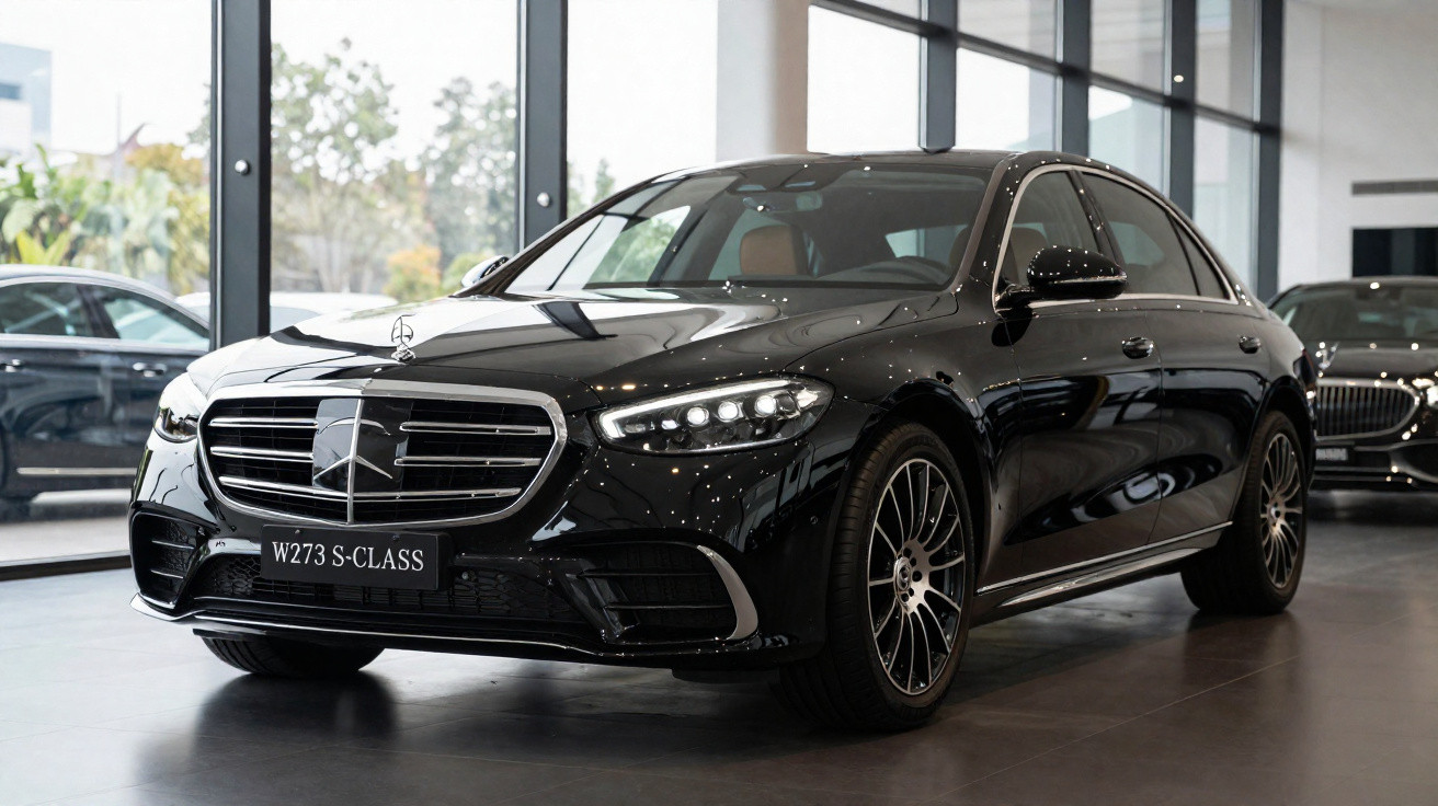 Carro preto Mercedes-Benz W273 S-Class em exposição numa sala com janelas grandes.