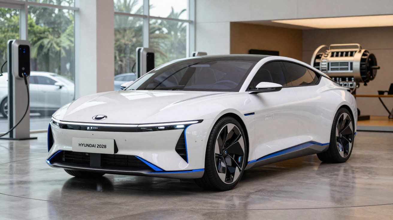 Carro desportivo elétrico branco Hyundai 2028 num salão moderno com postos de carregamento.