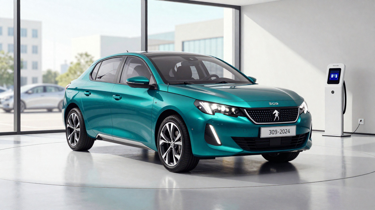 Automóvel elétrico verde azul Peugeot 309-2024 num espaço moderno com estação de carregamento.