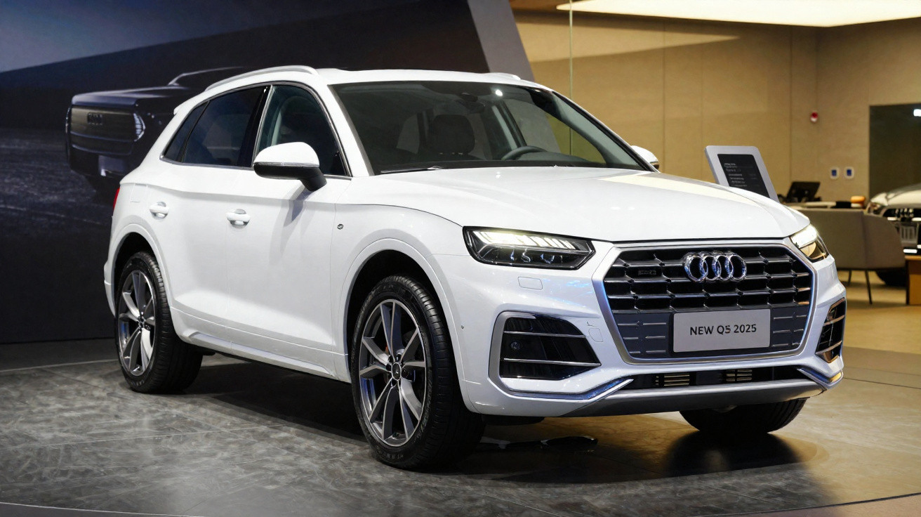 Audi Q5 2025 branco estacionado em exposição interior com iluminação artificial.