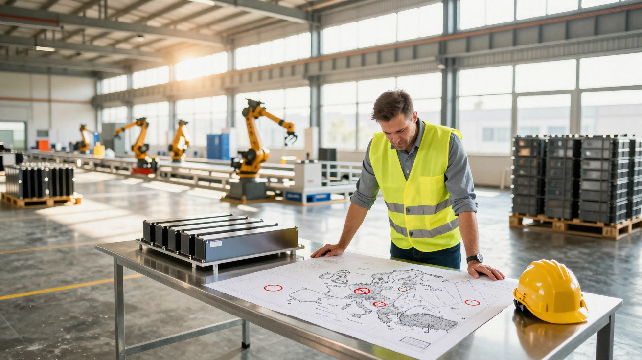 Engenheiro a analisar planta num armazém industrial com robôs e equipamento, capacete amarelo na mesa.