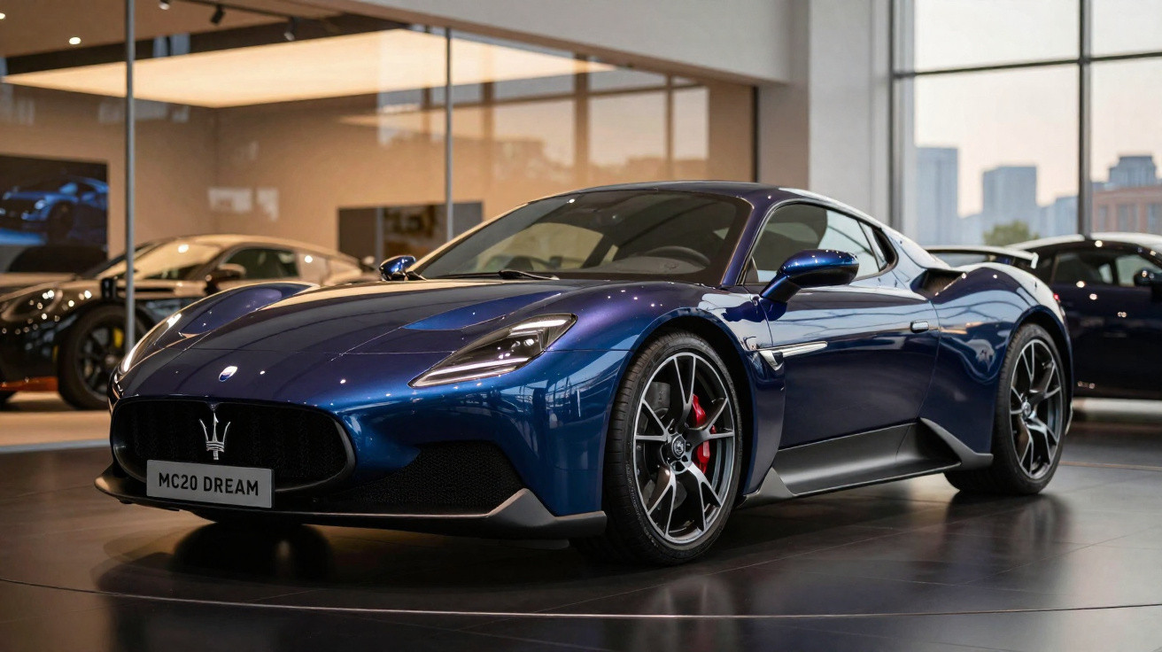 Maserati MC20 azul metalizado numa showroom com jantes desportivas e detalhes em vermelho.