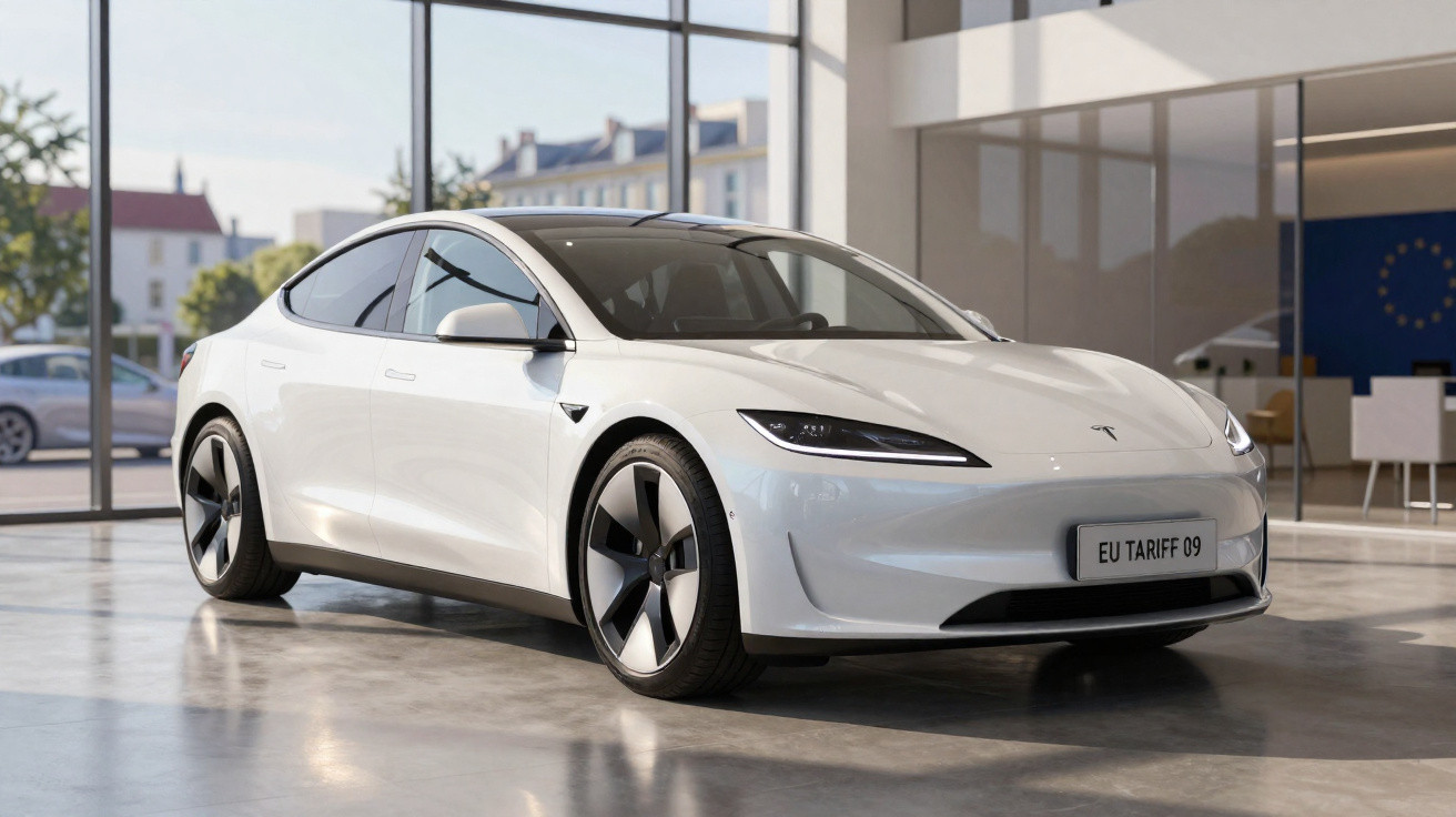 Carro elétrico Tesla branco estacionado num showroom moderno com grandes janelas de vidro.