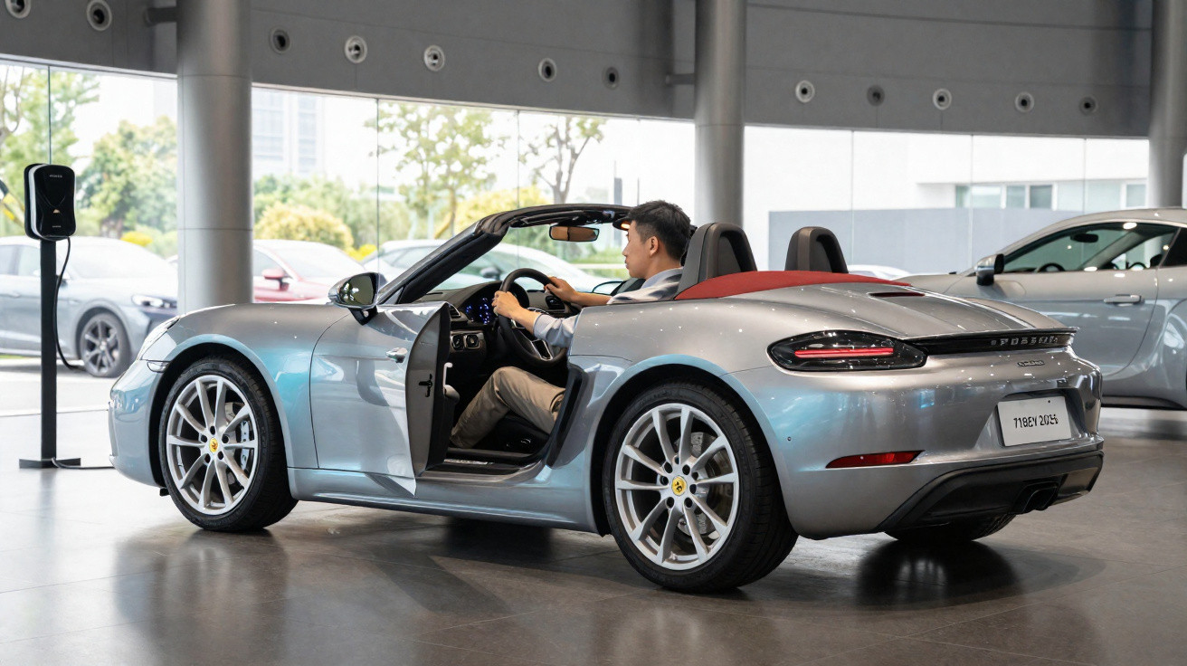 Homem ao volante de um Porsche 718 Boxster prata com capota vermelha em exposição interior.