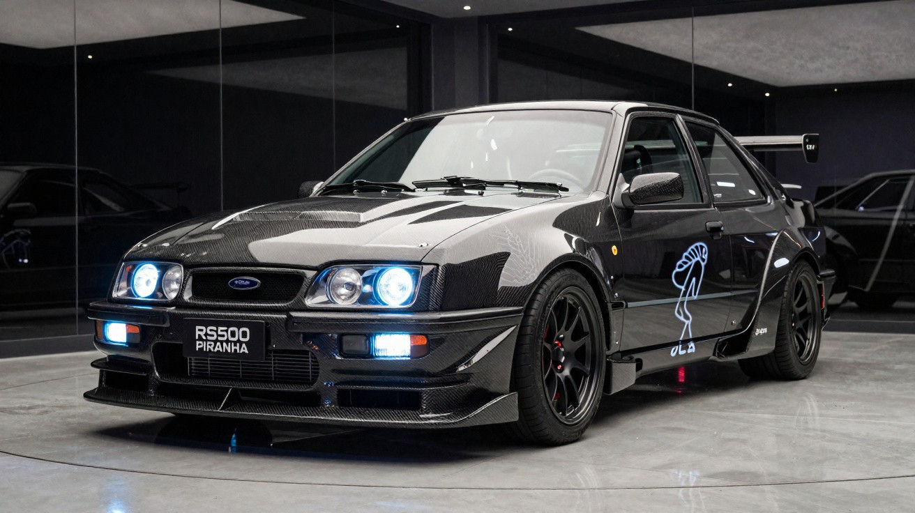 Carro desportivo preto Ford RS500 Piranha com detalhes em carbono e faróis acesos em garagem moderna.