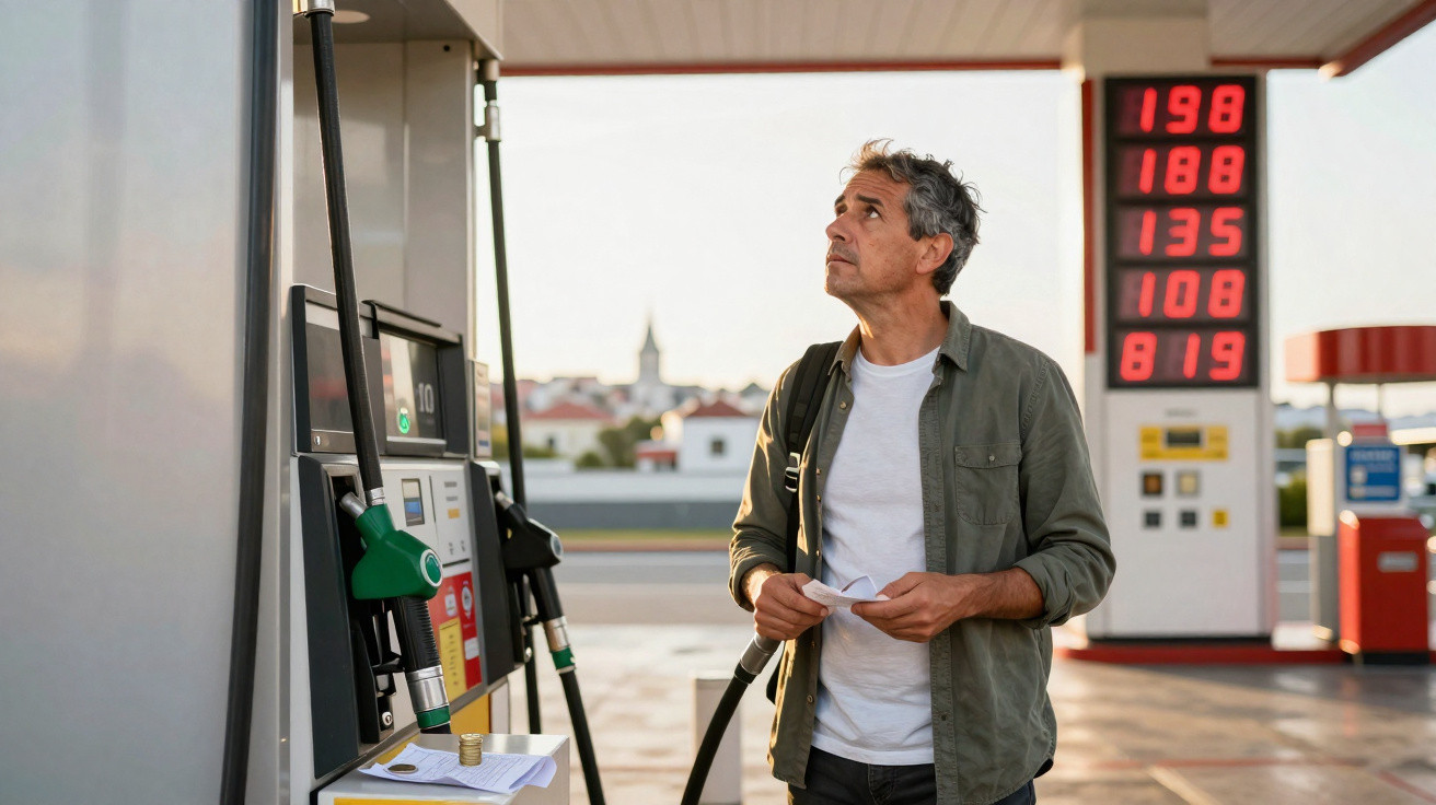Homem observa preços da gasolina numa bomba de combustível numa estação de serviço ao entardecer.