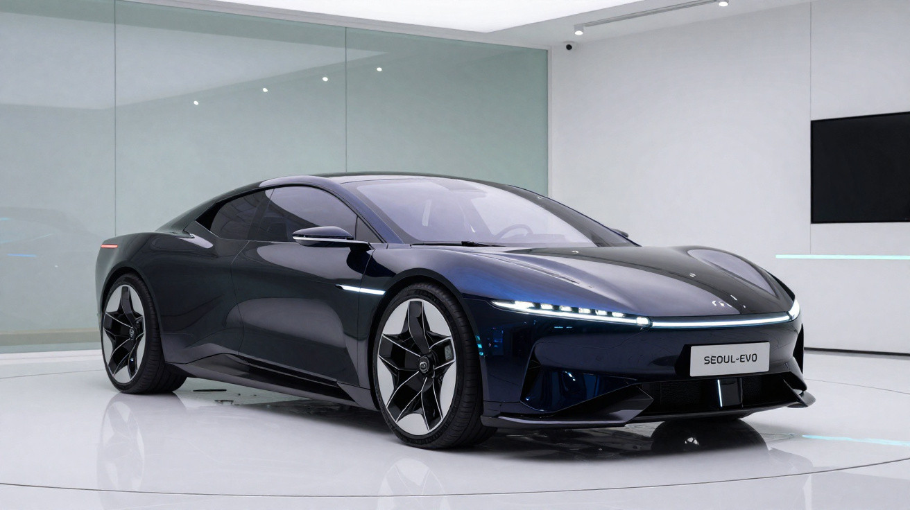 Carro elétrico desportivo de cor preta, design futurista, em ambiente interno moderno e minimalista.