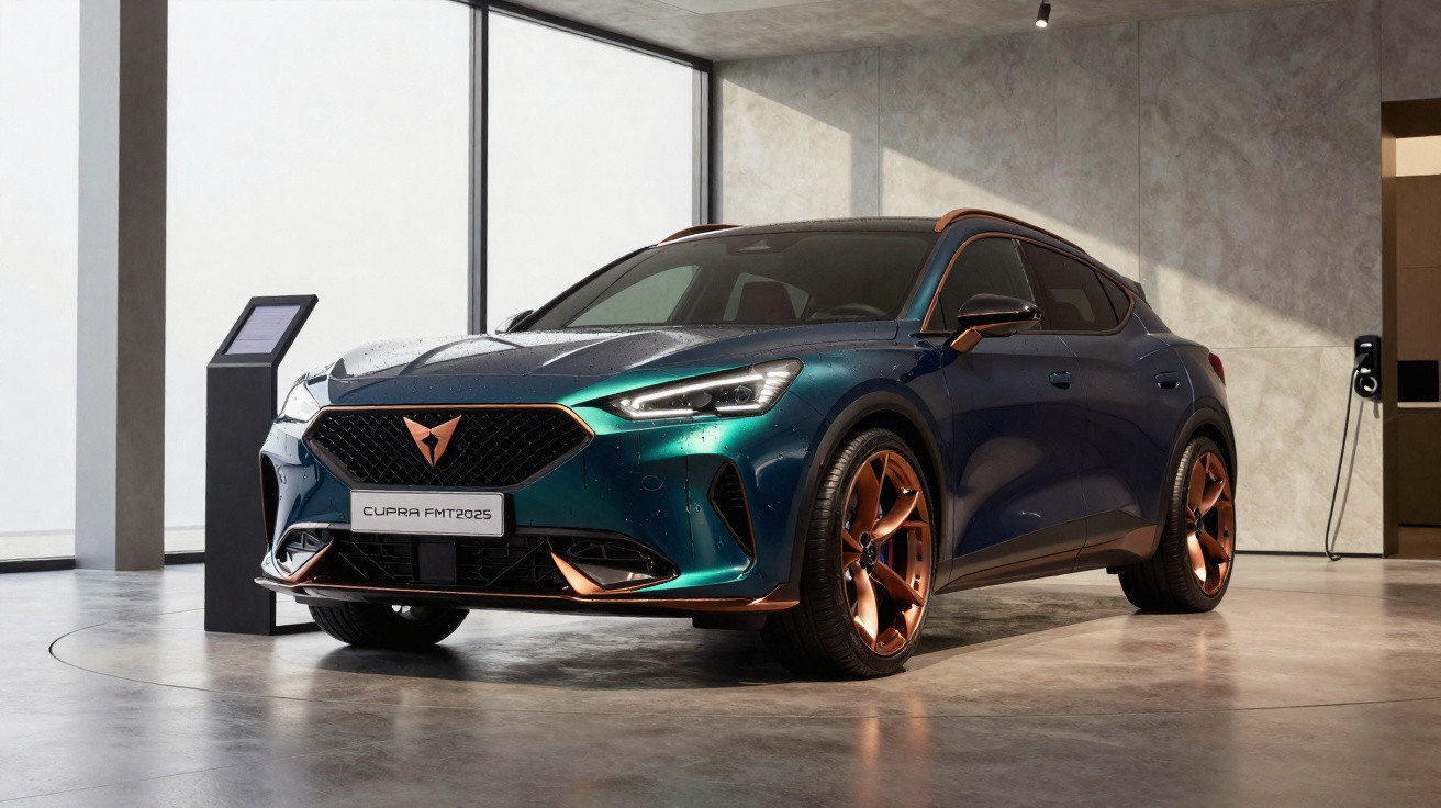 Automóvel moderno Cupra FMT2025 azul metálico com detalhes cobre numa sala com paredes e chão de cimento.