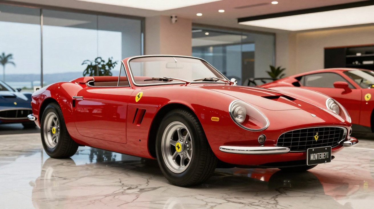 Carro desportivo clássico conversível vermelho Ferrari em exposição num showroom com chão de mármore.