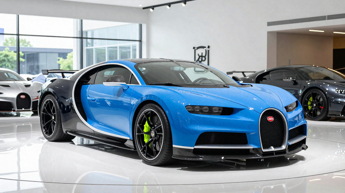 Carro desportivo Bugatti azul e preto exposto numa sala moderna com carros ao fundo.