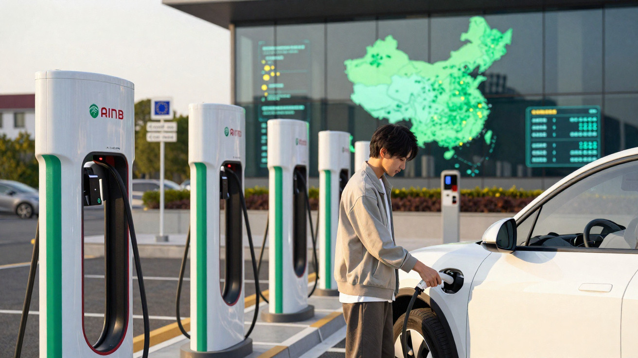 Homem a carregar um carro elétrico numa estação de carregamento com ecrã digital ao fundo.