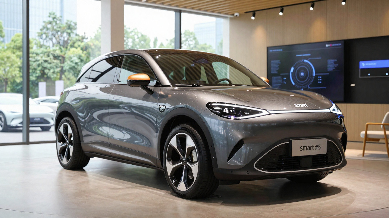 Carro elétrico Smart #5 cinzento exposto em sala moderna com janelas grandes e cartão madeira no teto.