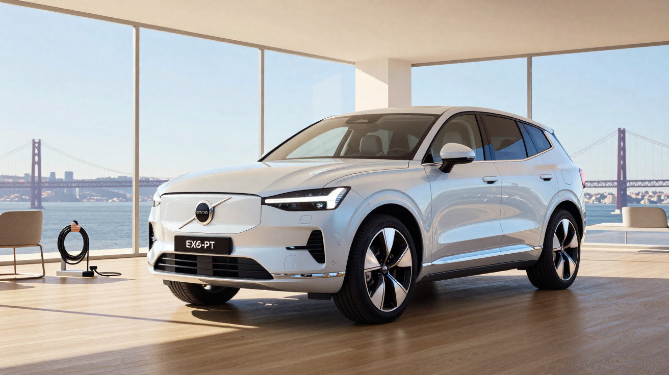 Carro elétrico Volvo branco estacionado num espaço com grandes janelas com vista para uma ponte sobre a água.