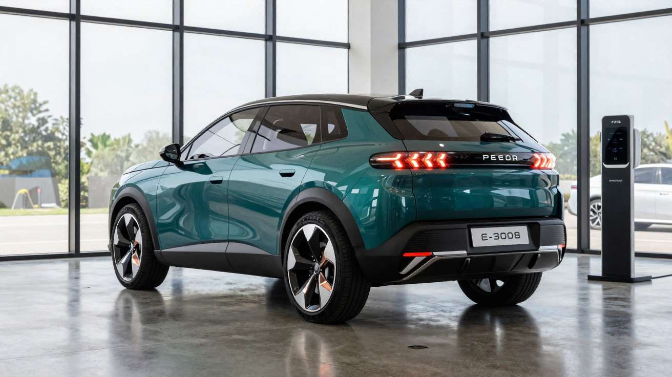 Carro elétrico verde Peugeot E-3008 estacionado em showroom moderno com grandes janelas e estação de carregamento.