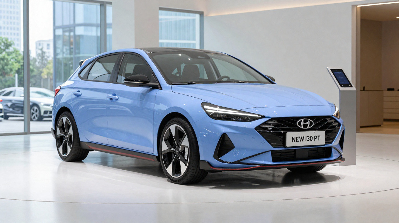 Carro Hyundai i30 PT azul claro estacionado em exposição moderna com janelas grandes ao fundo.