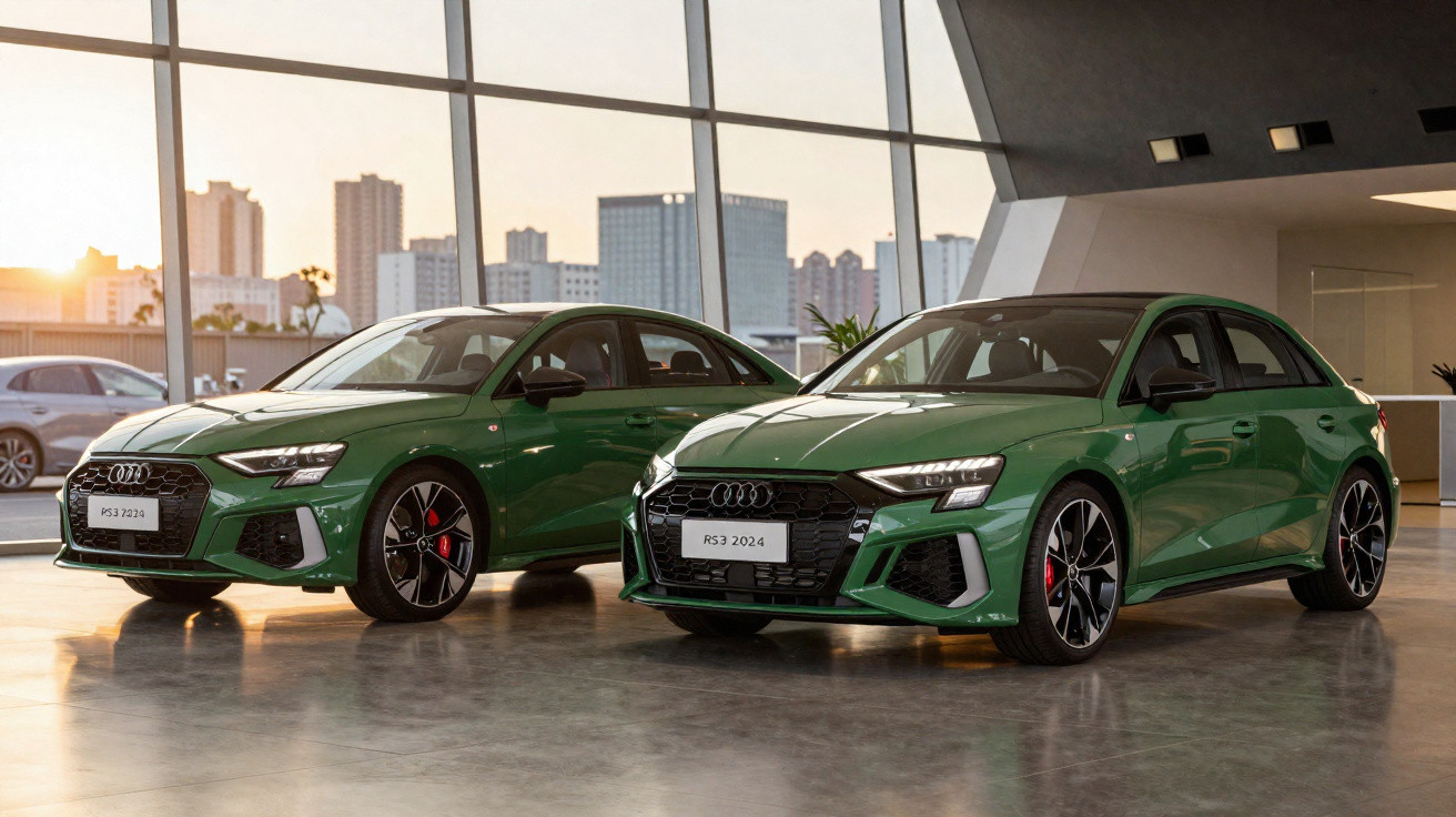 Dois carros Audi verdes modelo RS3 2024 estacionados em showroom com janela grande e edifícios ao fundo.