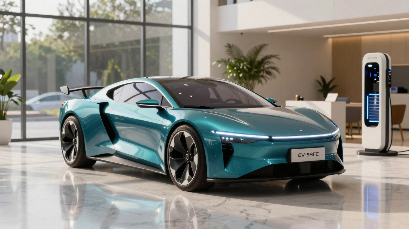 Carro desportivo elétrico azul metálico a carregar numa estação dentro de um espaço moderno com janelas grandes.