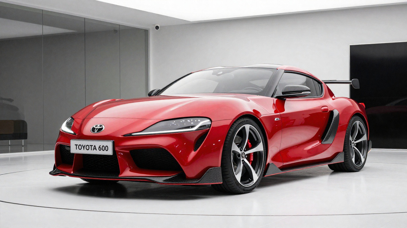 Carro desportivo vermelho Toyota 600 exposto em sala moderna com fundo minimalista branco.