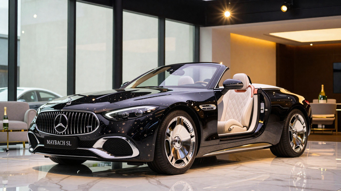 Mercedes-Maybach SL descapotável preto com interior branco exposto num salão moderno e iluminado.