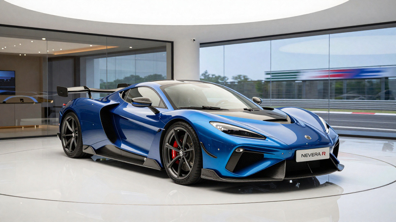 Carro desportivo azul metálico Lotus Nevera R exposto em showroom moderno com grandes janelas de vidro.