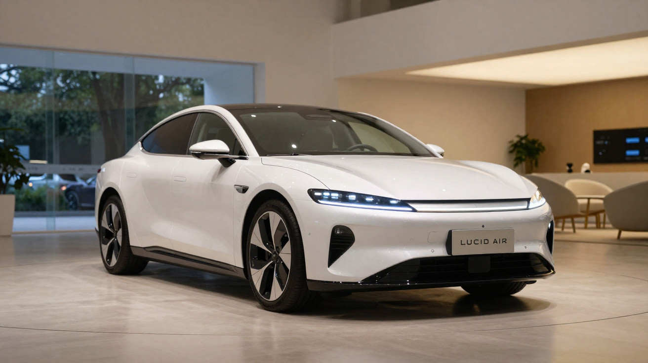 Carro elétrico branco Lucid Air estacionado num espaço moderno e iluminado interior.