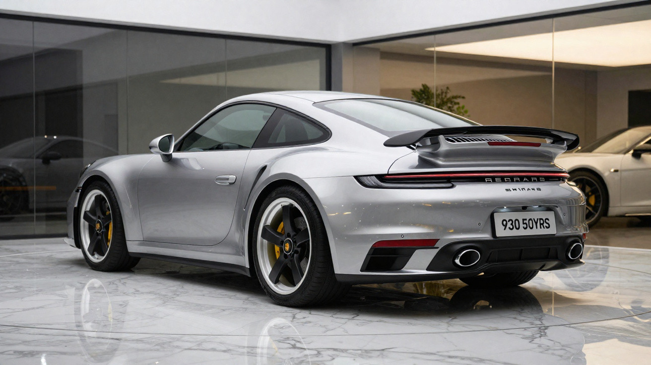 Carro desportivo prateado Porsche 911 estacionado numa garagem com chão em mármore branco.