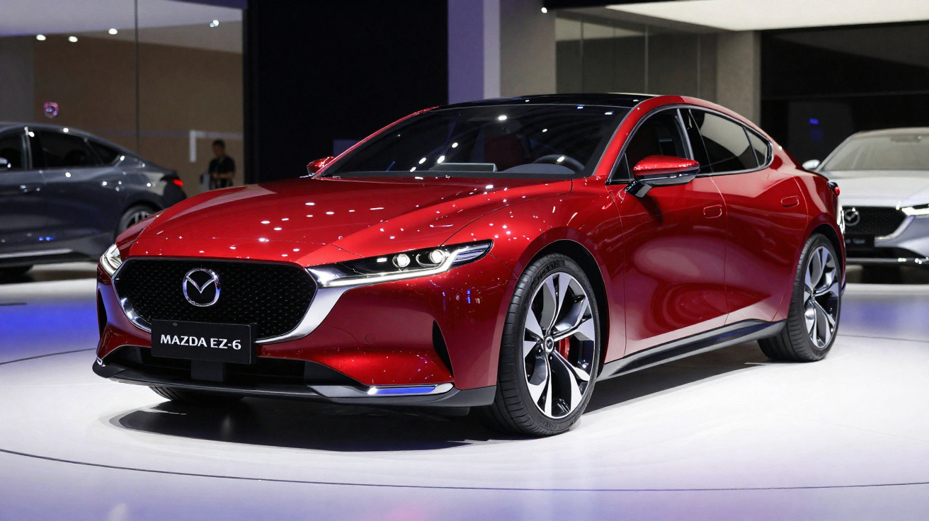 Carro elétrico Mazda EZ-6 vermelho, apresentado numa exposição automóvel moderna.