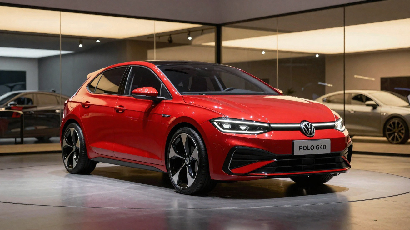 Carro vermelho Volkswagen Polo G40 estacionado em showroom com piso cinza e paredes espelhadas.