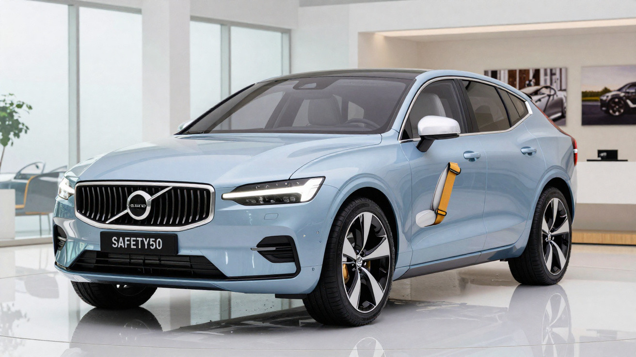 Carro Volvo azul claro em showroom, destacando dispositivo de segurança na porta traseira direita.