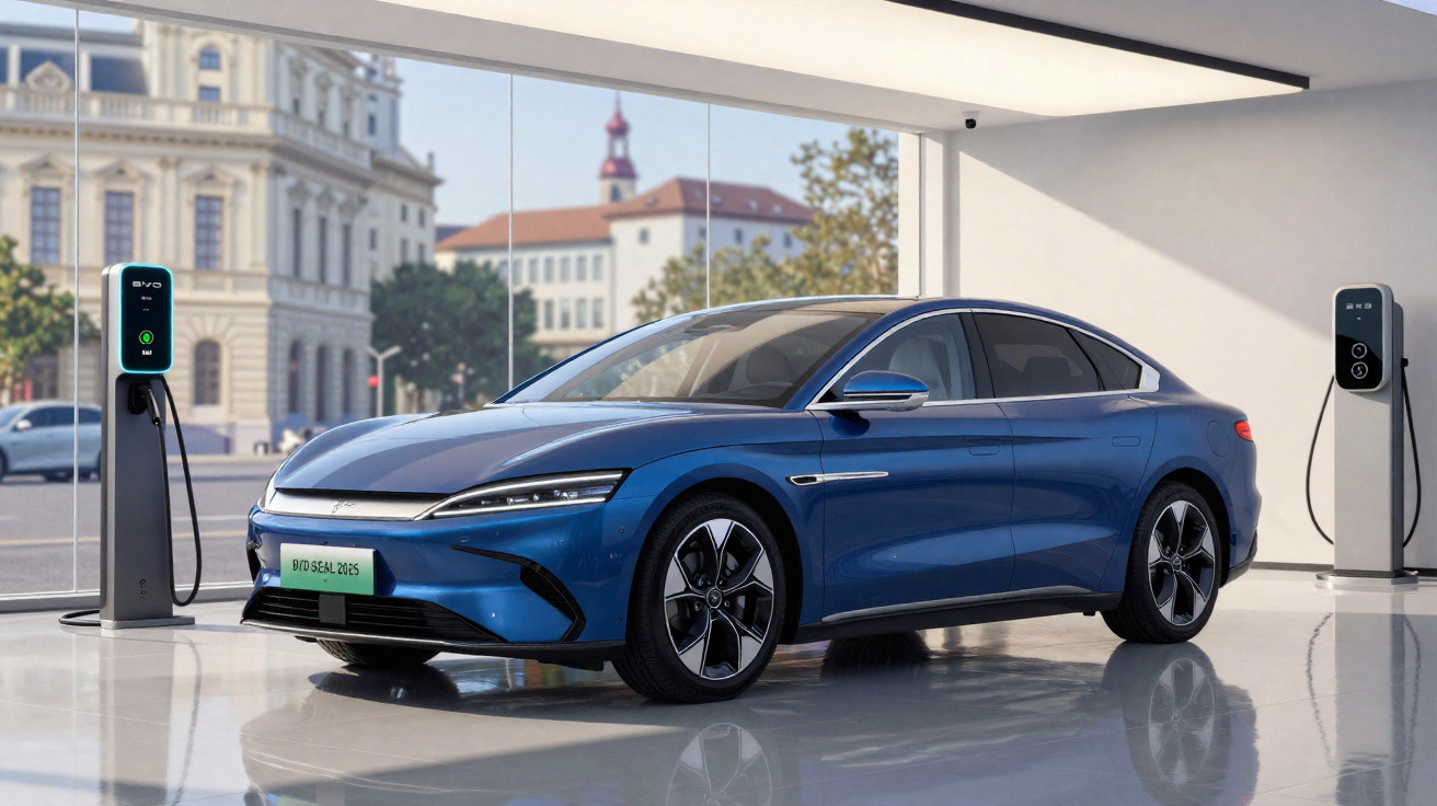 Carro elétrico azul Byd Seal 2025 numa loja moderna com carregadores elétricos junto a janelas grandes.