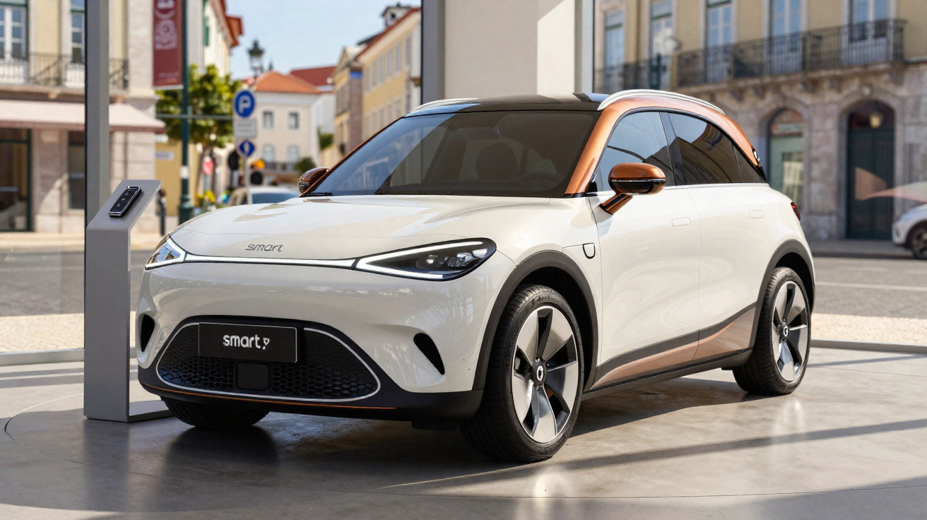 Carro elétrico Smart branco com detalhes castanhos a carregar numa estação pública numa rua urbana.